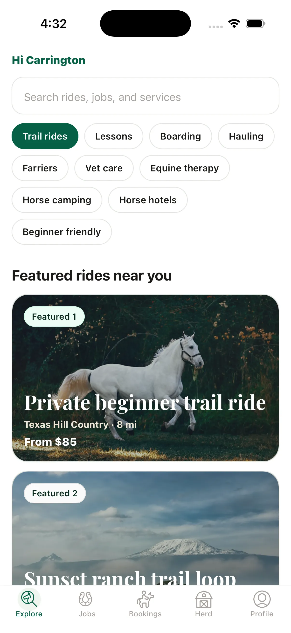 The same home screen with the header bar removed, a white background, and the greeting in brand green — showing more content in the same space, including the second featured card's title.