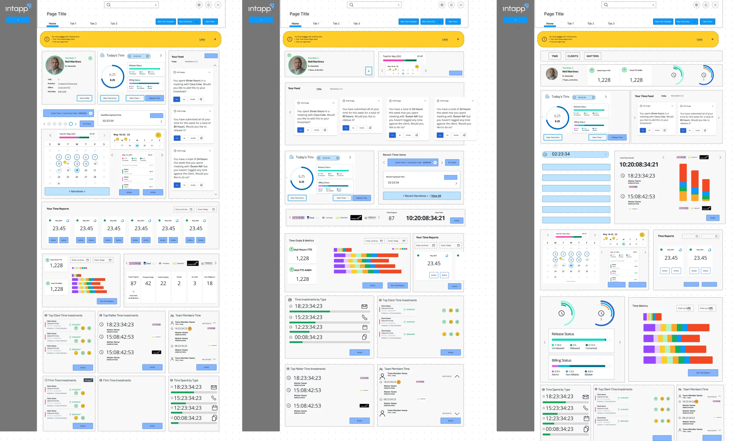 Three mid-fidelity dashboard iterations side by side, showing time rank, today's time, a feed of capture nudges, calendar, time reports, client and matter investments, and team member time.