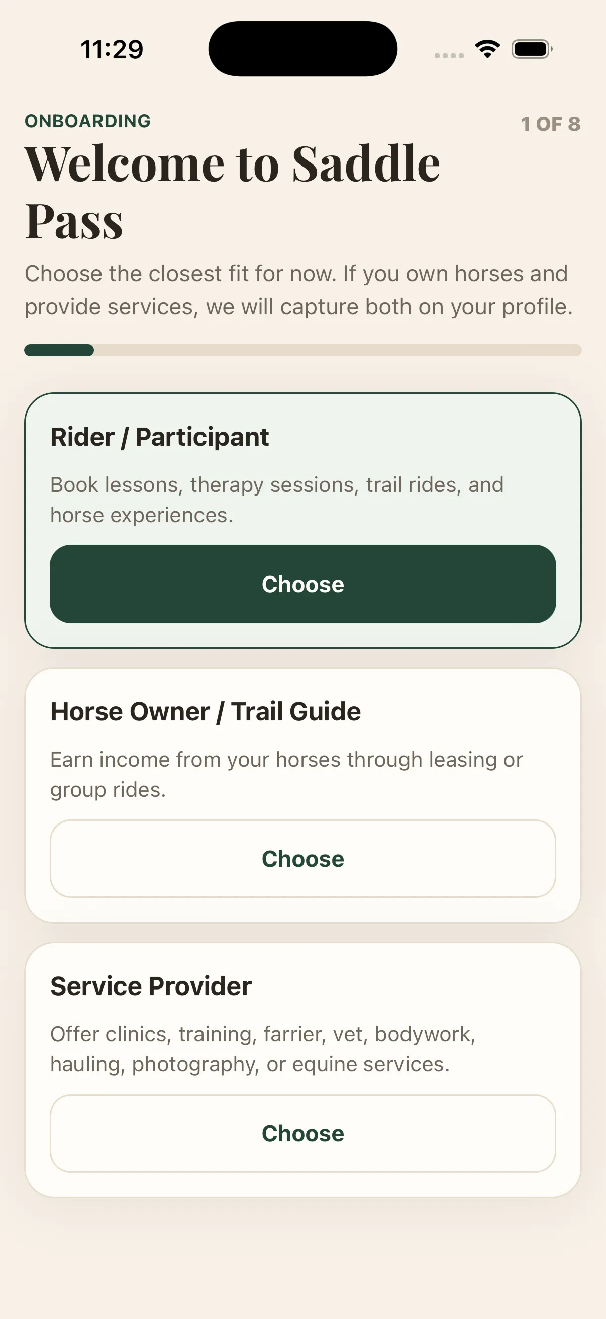Saddle Pass onboarding step 1 of 8: three role cards — Rider/Participant, Horse Owner/Trail Guide, and Service Provider — each with a Choose button, under a progress bar.