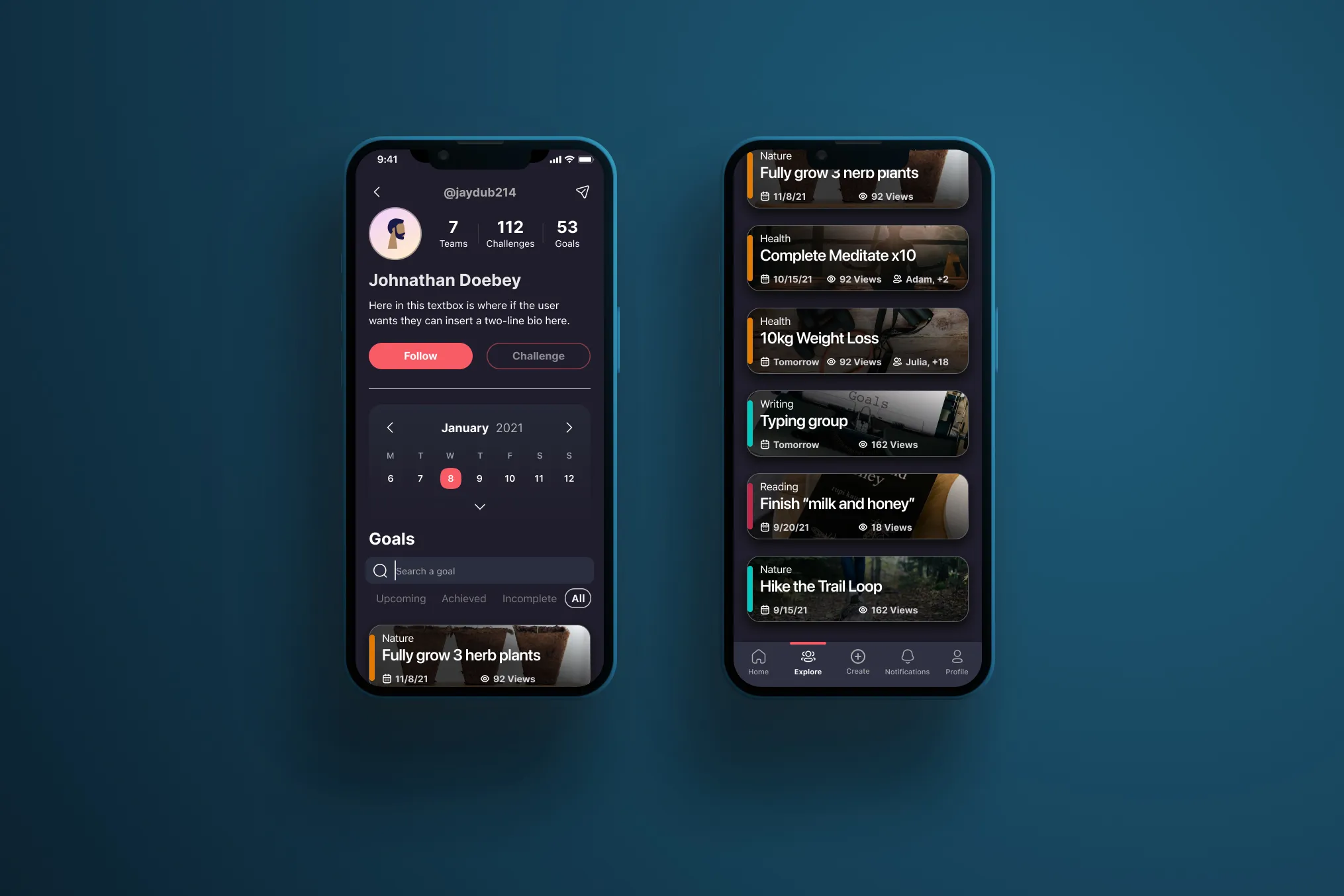 Pledgr mobile app screens shown on device mockups, covering profile and goal-tracking views.