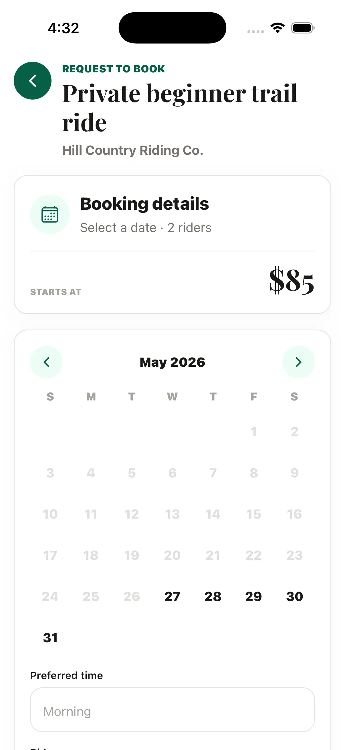 Request to book screen showing the listing name, provider, booking details summary with date and rider count, a starting price of $85, a May 2026 calendar with past dates dimmed, and a preferred time field.
