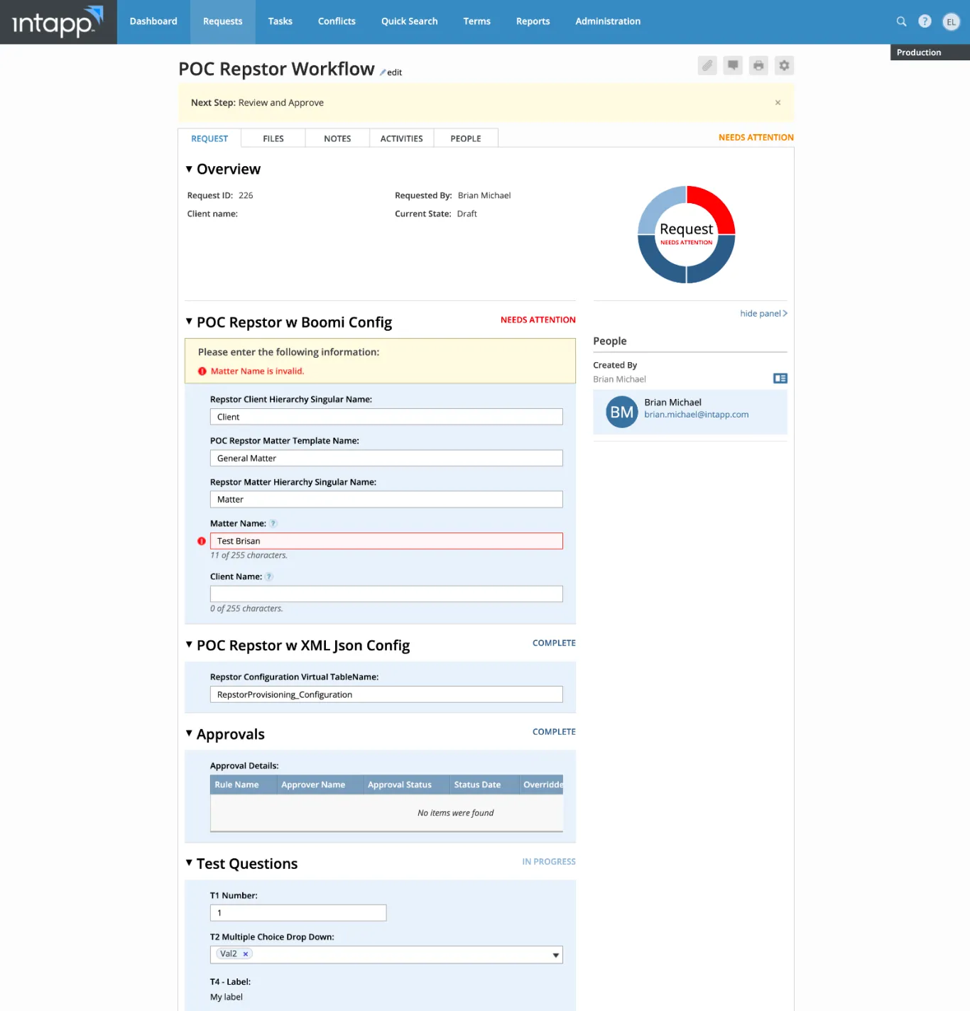 Client detail request form rebuilt using Intapp Design System components.