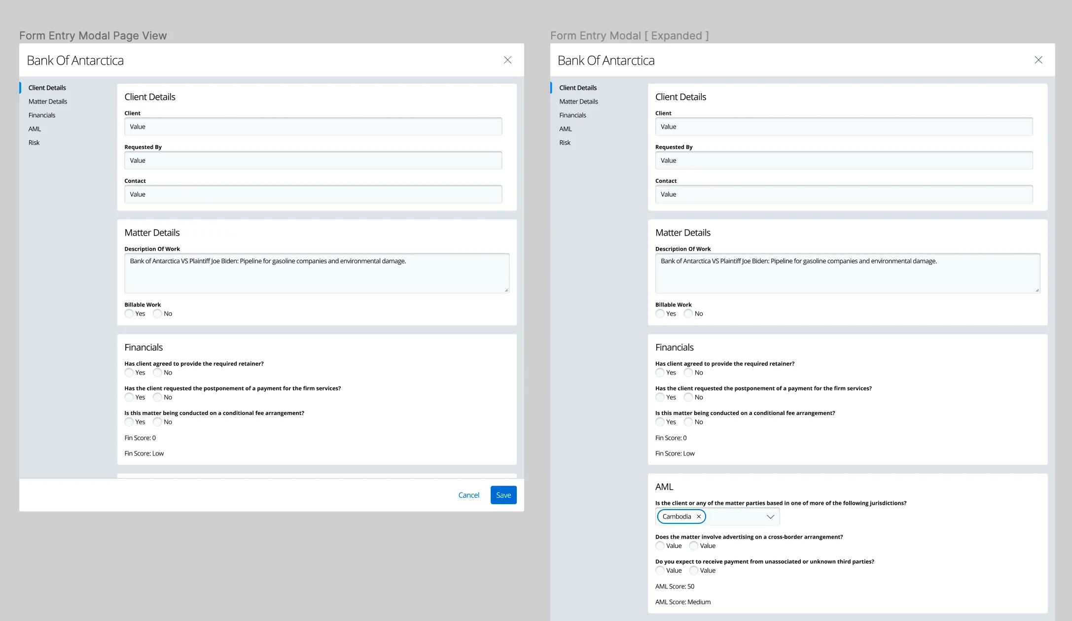Form layout iteration showing view status, who has viewed each section, and a hyperlinked completion state.