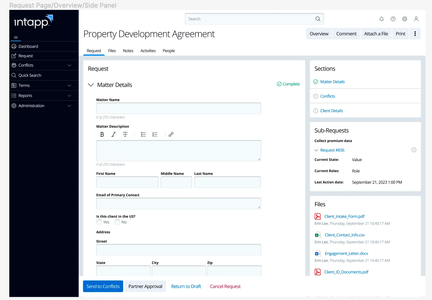 Files page design showing uploaded documents against a request, built on the grid component system with row actions.