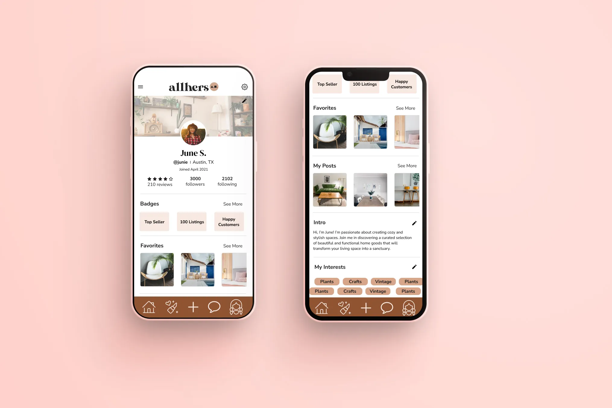 Two Allhers app screens: a seller profile for June S. in Austin with rating, followers, achievement badges for Top Seller, 100 Listings and Happy Customers, favourites and posts; and a scrolled view showing intro text and interest tags.
